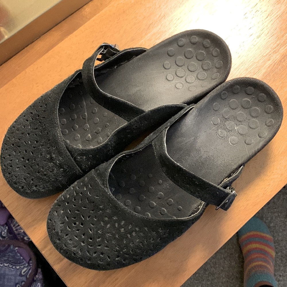 Vionic black suede slip on mary jane style shoes.